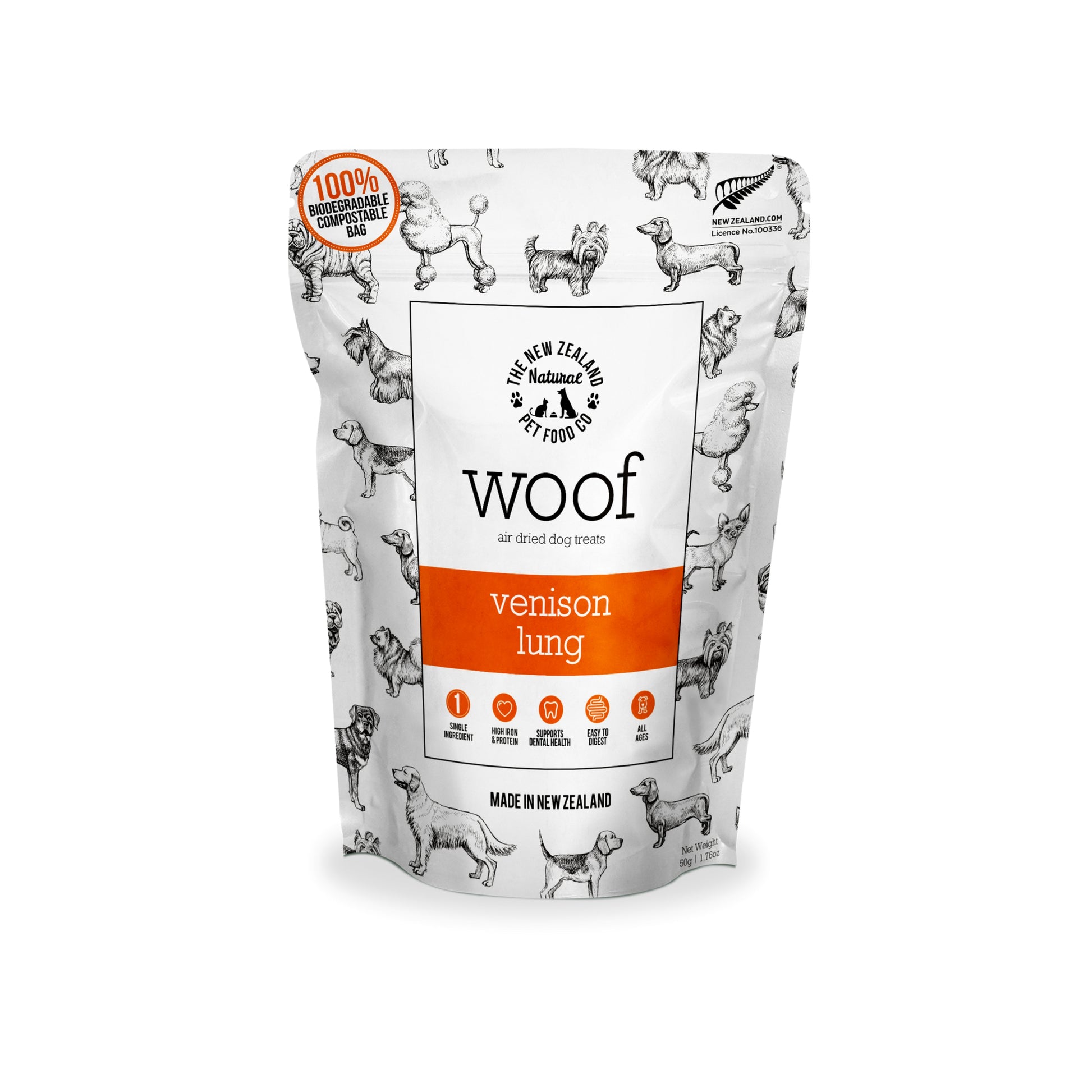A package of WOOF Venison Lung Dog Treats featuring a white background with product name and an illustration of dogs. The package is marked as 100% New Zealand.