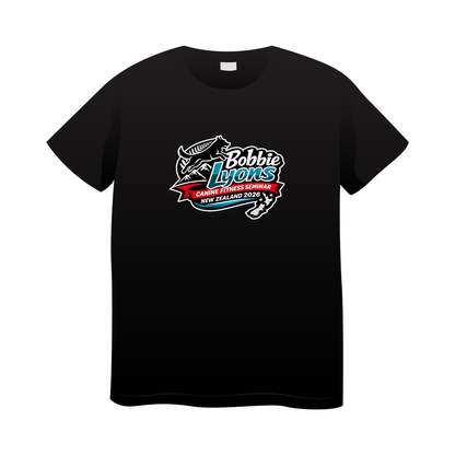 Black t-shirt with 'Bobbie Lyons' logo on a white background