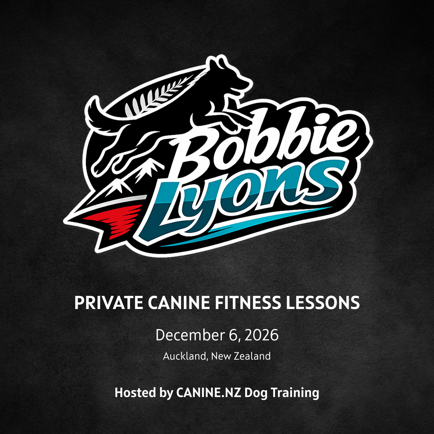 Promotional graphic for Bobbie Lyons' private canine fitness lessons on a dark background